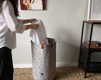 Felt Laundry Hamper with Leather Handles | Round Storage Basket