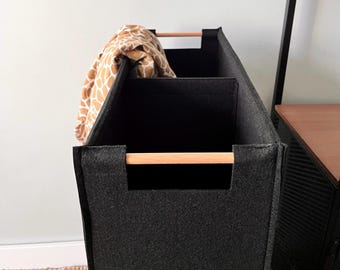 Storage hamper with Two Compartments and wooden handles | Tall Narrow Basket