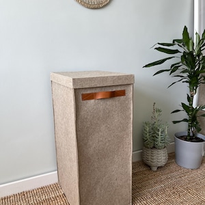 Tall narrow laundry hamper with lid. High 30". Felt rectangular hamper.