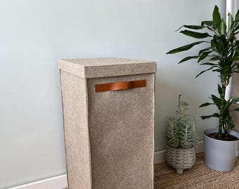 Tall narrow laundry hamper with lid. High 30". Felt rectangular hamper.