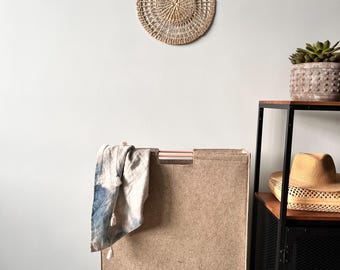 Extra Narrow Linen Felt Laundry Basket | Tall Slim Hamper | Beige Storage with Wooden Handles