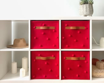 Kids IKEA Cube Shelf Storage Bin 13x13 | Felt Basket with Pom Poms, Red