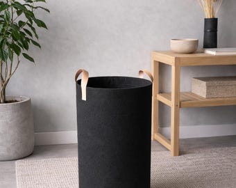 Floor Laundry Hamper | Tall Round Black Felt with Leather Handles
