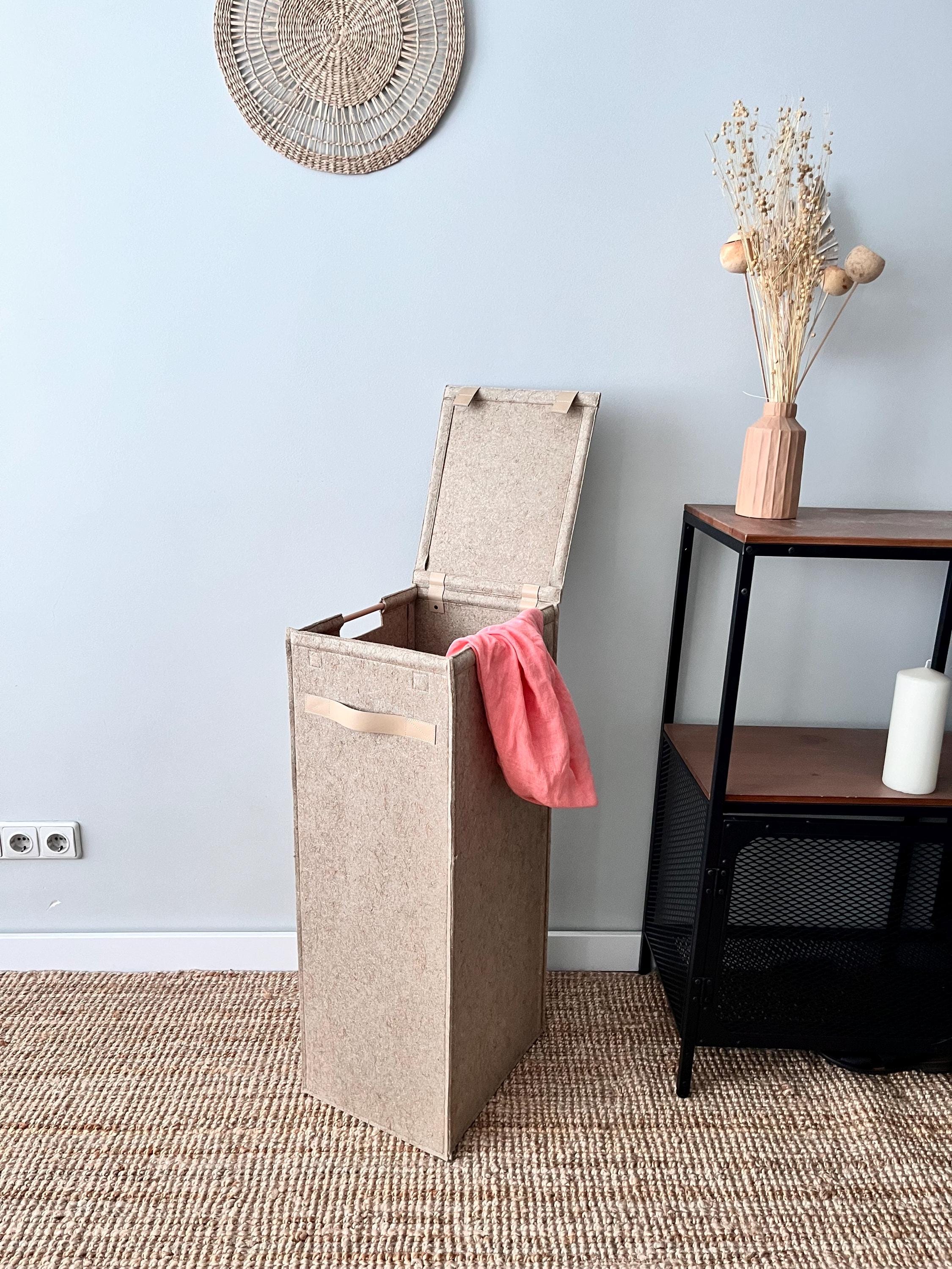 Bin for narrow space with flapable lid and leather Handles