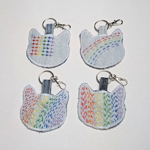 Upcycled Denim Cat Bag Charm | Handmade Rainbow Keychain