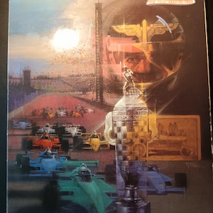 May include: Indianapolis 500 official program cover. The cover features a painting of race cars on a track, a trophy, and a driver's helmet. The text "Indianapolis 500" is at the top, with the date "May 29, 1988".