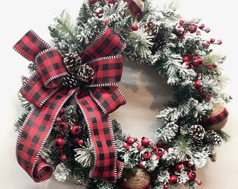 Snowy Winter Wreath for Front Door, Red Berry Wreath, Winter Decor,  Red and Black Lodge Wreath, Rustic Snowy Wreath