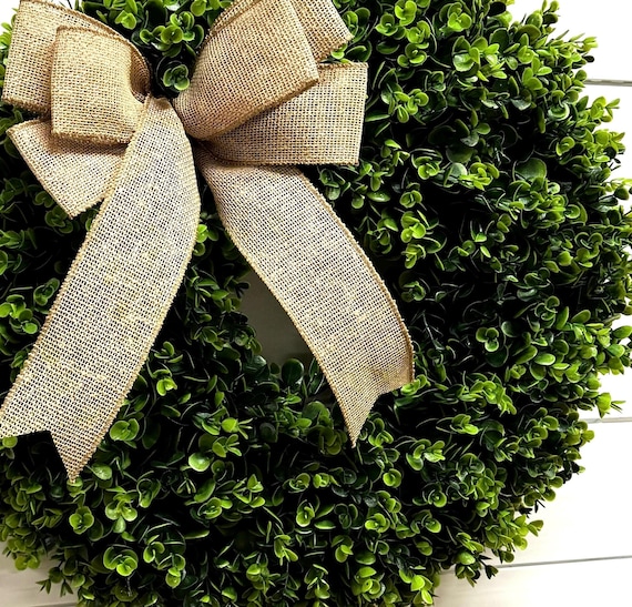 Rustic Boxwood Wreath: Farmhouse Burlap Bow, Spring Decor