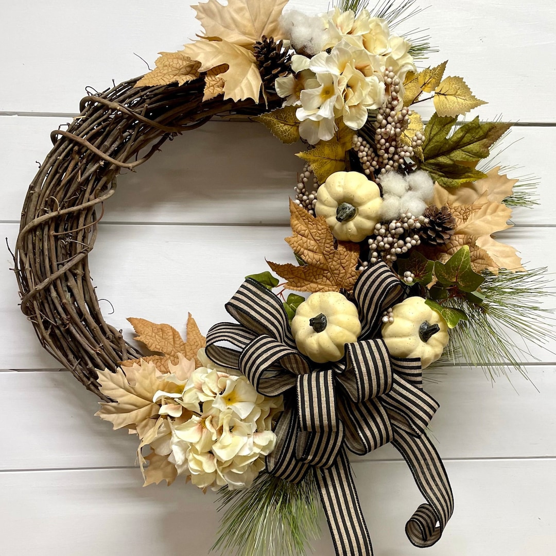 Fall Grapevine Wreath for Front Door, Pumpkin Wreath, Fall Hydrangea ...