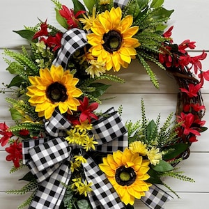 Sunflower Wreath for front door, Summer Wreath, Yellow and Red, Grapevine Wreath, Summer Decor,Gift Idea