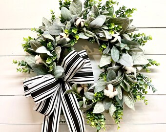 Lambs Ear Wreath for Front Door, Spring Wreath, Farmhouse Wreath, Eucalyptus Wreath, Cotton Boll Wreath, Year-Round Wreath