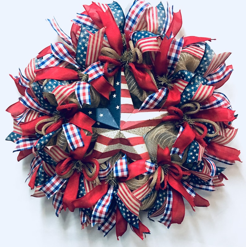 Burlap Wreath Front Door Ready to Ship Wreath 4th July Wreath Flag Wreath Summer Wreath Rustic Patriotic Wreath