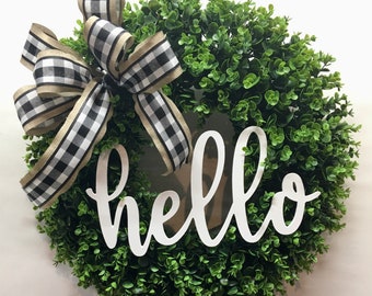 Hello Wreath for Front Door, Spring Wreath, Boxwood Wreath with Bow, Farmhouse Decor, Eucalyptus Wreath, Year-Round Wreath