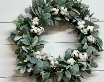 Lamb’s Ear Wreath, for Front Door, Spring Summer Wreath, Spring Decor, Cotton Boll Wreath, Year-Round Greenery Wreath, Welcome Wreath