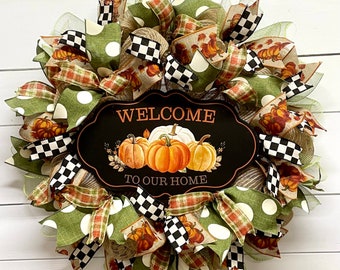 Fall Wreath for Front Door Outdoor, Deco Mesh Wreath, Halloween Wreath, Welcome to Our Home, Fall Decor