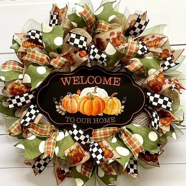 Fall Wreath for Front Door Outdoor, Deco Mesh Wreath, Halloween Wreath, Welcome to Our Home, Fall Decor