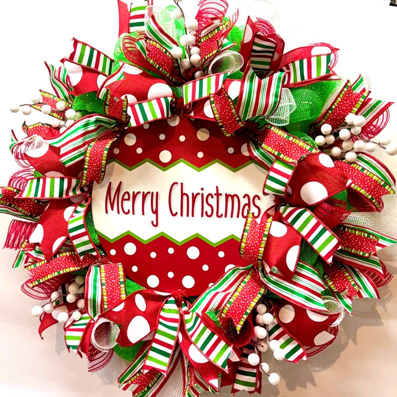 Deco Mesh Merry Christmas Wreath, Red and Green Front Door Decor - Etsy