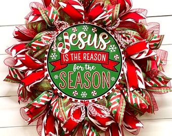 Christmas Wreath for Front Door, Deco Mesh, Christian Wreath, Jesus is the Reason for the Season, Christmas Decor