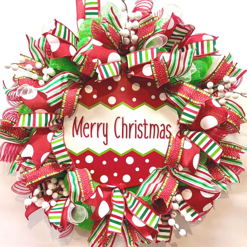 Deco Mesh Merry Christmas Wreath, Red and Green Front Door Decor - Etsy