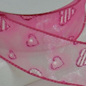 Wired Valentine&#39;s Day Ribbon: Pink & White Sheer Hearts, 1.5&quot; x 5 Yards