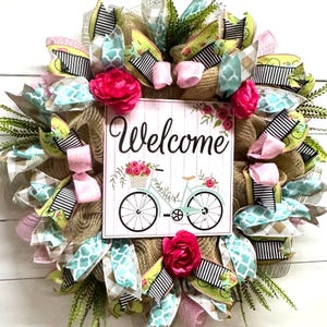 Summer Welcome Wreath, for Front Door, Gift for Her, Summer Decor, Pink Flower Wreath