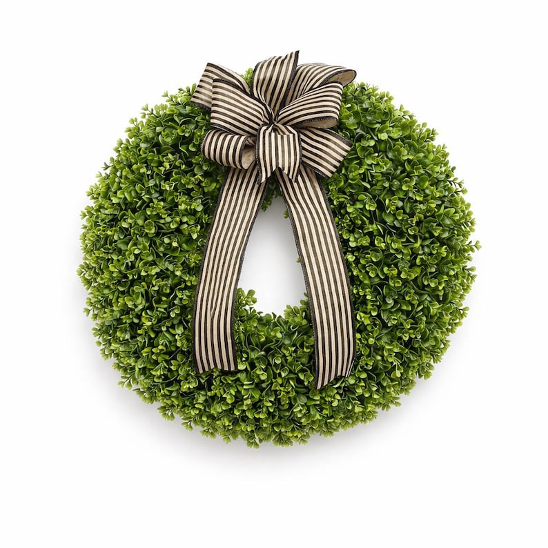 Boxwood Wreath for Front Door, Greenery Farmhouse Wreath with Black Stripe Bow, Everyday Fall Door Decor
