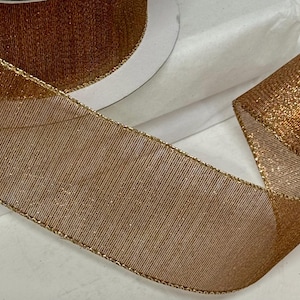 Fall  Ribbon: Bronze Semi-  Sheer 2.5&quot; Wired - 5 Yards