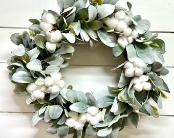 Lamb’s Ear Wreath, for Front Door, Spring Summer Wreath, Spring Decor, Cotton Boll Wreath, Year-Round Greenery Wreath, Welcome Wreath