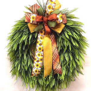 Large Bead Grass Wreath, for Front Door, Fall Wreath, Fall Decor, Button Fern Wreath, Greenery Wreath, Year-Round Wreath with Fall bow