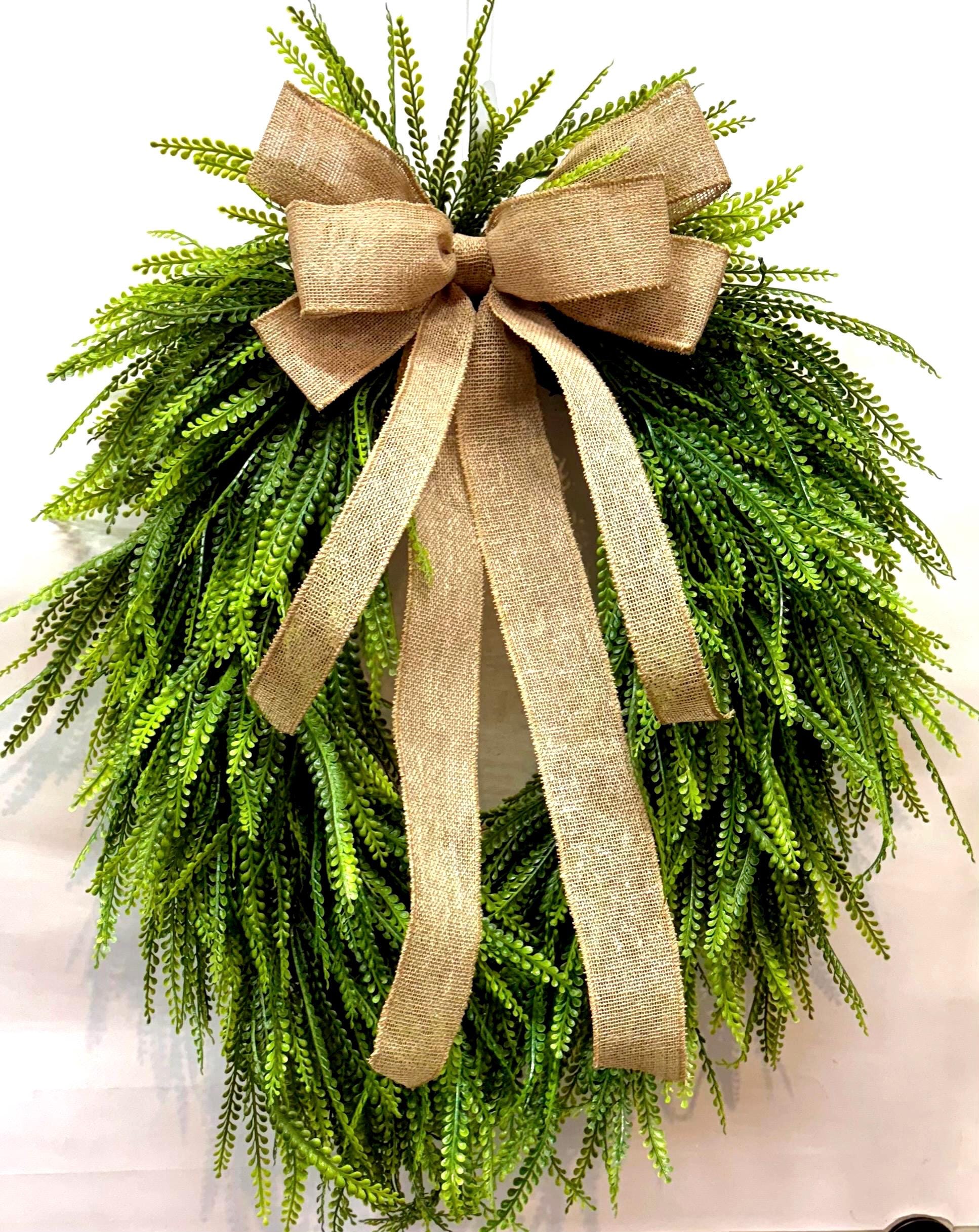 Large Bead Grass Wreath, with Bow, for Front Door, Fall Wreath, Fall Decor, Button Fern Wreath, Greenery Wreath, Year-Round Wreath