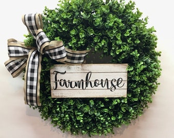 Farmhouse Wreath for Front Door, Boxwood Wreath with Bow, Black and White, Spring Wreath