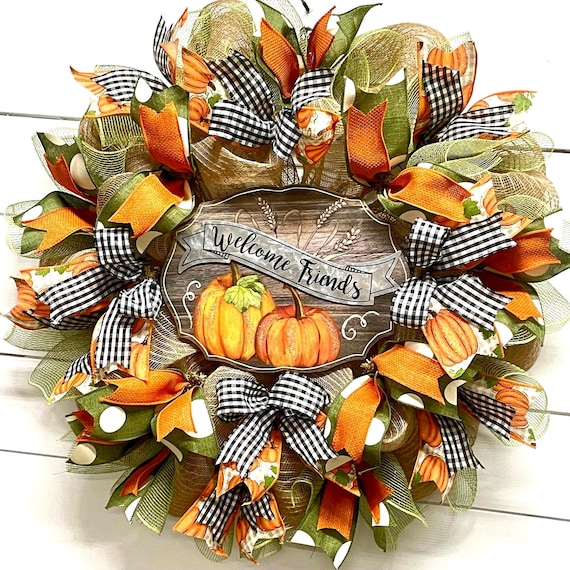 Welcome Friends Wreath, for Front Door, Fall Deco Mesh Wreath, Autumn Wreath, Pumpkin Wreath, Fall Gift Idea