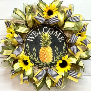 Sunflower Wreath for Front Door, Spring Wreath, Spring Decor, Deco Mesh Wreath, Welcome Wreath, Pineapple Decor, Gift Idea.