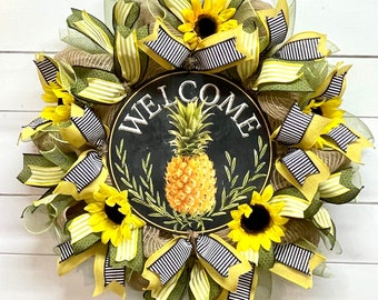 Sunflower Wreath for Front Door, Spring Wreath, Spring Decor, Deco Mesh Wreath, Welcome Wreath, Pineapple Decor, Gift Idea.