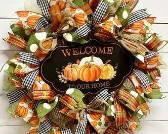 Fall Wreath for Front Door, Deco Mesh, Welcome to our Home Thanksgiving Wreath, Fall Decor