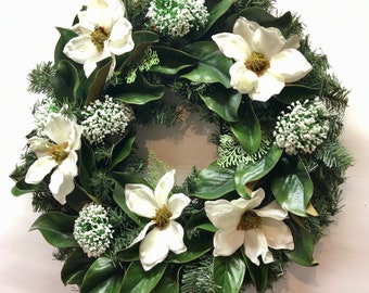 Magnolia Wreath for Front Door, Spring Summer Wreath, Mothers Day Gift, Greenery Wreath, Farmhouse Wreath, Wedding Decor, Year-Round Wreath