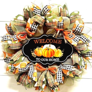 Deco Mesh Fall Wreath, Pumpkin Welcome Sign, Harvest Decor