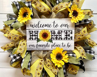 Sunflower Wreath for Front Door, Deco Mesh, Welcome to Our Home Wreath, Year-Round Wreath, Gift Idea