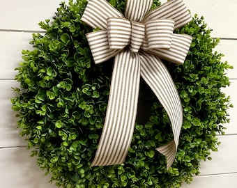 Boxwood Wreath with Beige Stripe Bow: Farmhouse Front Door Decor