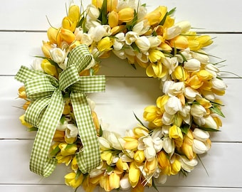 Yellow Tulip Wreath with Optional Bow, Spring Summer Wreath for Front Door, Spring Summer Decor, Gift Idea