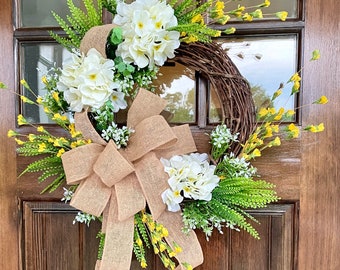 Yellow Wreath for Front Door, Hydrangea Wreath, Spring Summer Wreath, Gift for Her, Spring Summer Decor, Floral Wreath