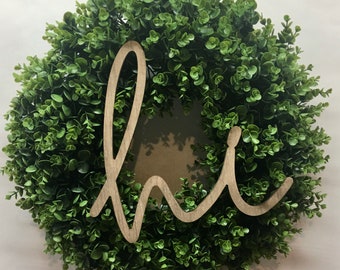 Boxwood Greenery Wreath for Front Door, Farmhouse Summer Decor with Hi Sign, Rustic Door Decor, Year-Round Gift Idea