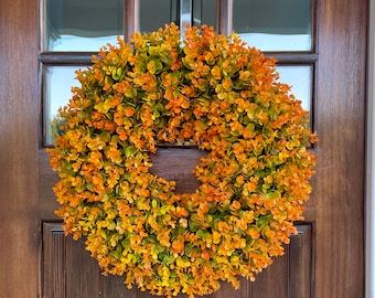 Fall Eucalyptus Wreath for Front Door Outdoor, Fall Door Decorations, Orange and Green Wreath, Boxwood Wreath