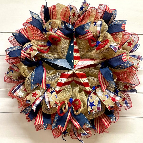 Patriotic Wreath for Front Door, Memorial Day Wreath, Patriotic Decor, Flag Wreath, Deco Mesh Wreath, Red White Blue, Gift Idea