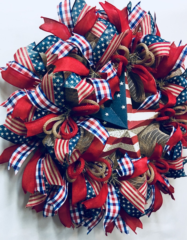 Burlap Wreath Front Door Ready to Ship Wreath 4th July Wreath Flag Wreath Summer Wreath Rustic Patriotic Wreath