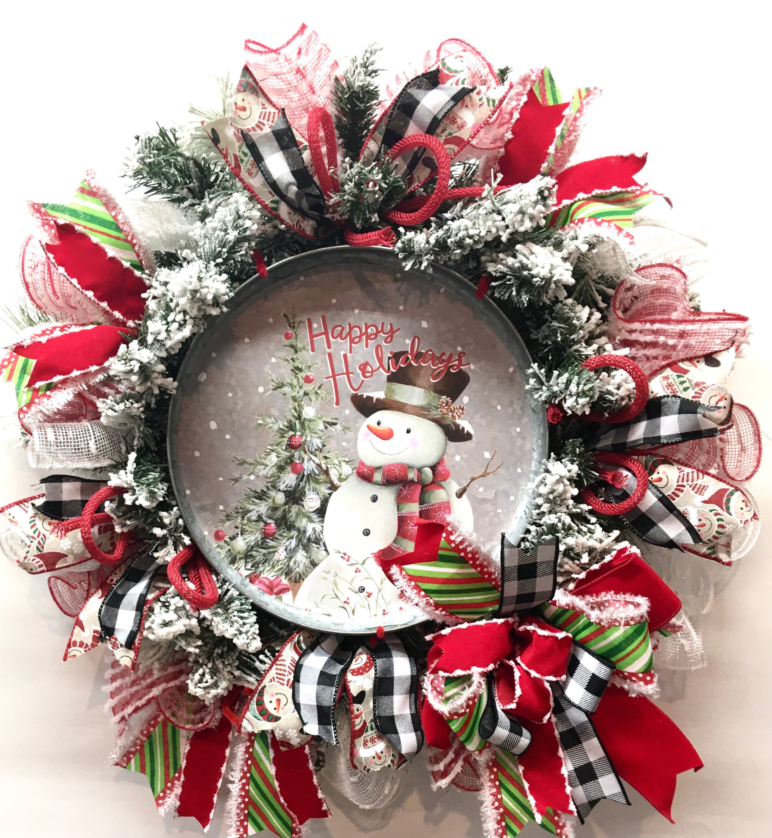 Red Green White Let It Snow Snowflake Snowman Sign Deco Mesh