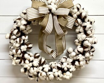 Cotton Boll Wreath, Spring Wreath for Front Door, Grapevine Wreath, Farmhouse Wreath, Year-Round Wreath, Spring Decor