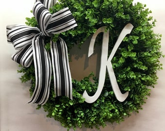 Monogram Wreath, Boxwood Wreath for Front Door, Spring Wreath, Farmhouse Decor, Year-Round Wreath