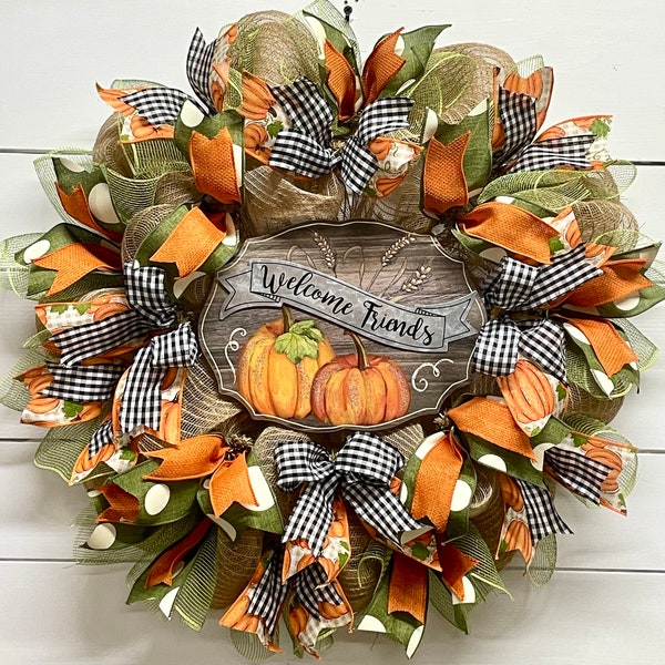 Fall Deco Mesh Wreath for Front Door Outdoor, Welcome Friends, Autumn Wreath with Pumpkins, Fall Decor, Thanksgiving Wreath, Gift Idea