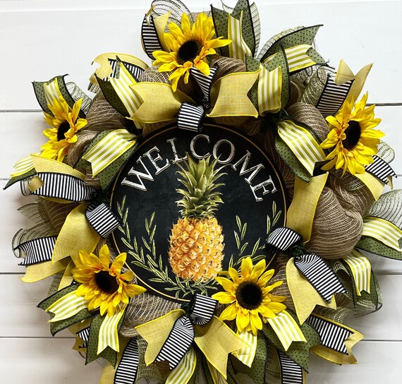 Sunflower Welcome Wreath For Front Door Fall Deco Mesh | Etsy